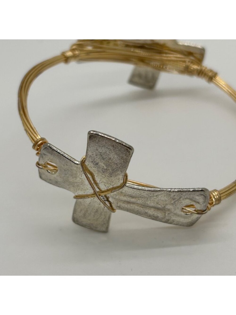 Mixed Metal Bracelet Gold Tone Wire Wrapped Silver Tone Cross Bangle Religious - Picture 4 of 12